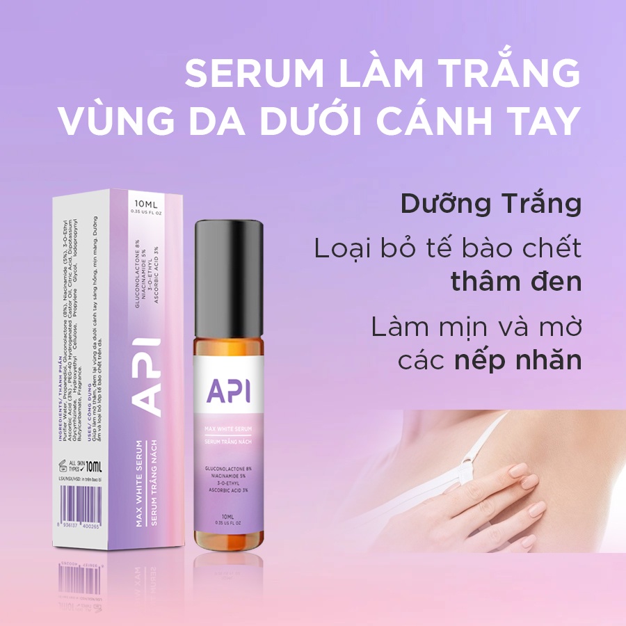 Serum giảm thâm nách, làm trắng nách API, lăn nách mờ thâm cấp ẩm 10ml, ngăn tiết mồ hôi khử mùi hôi nách